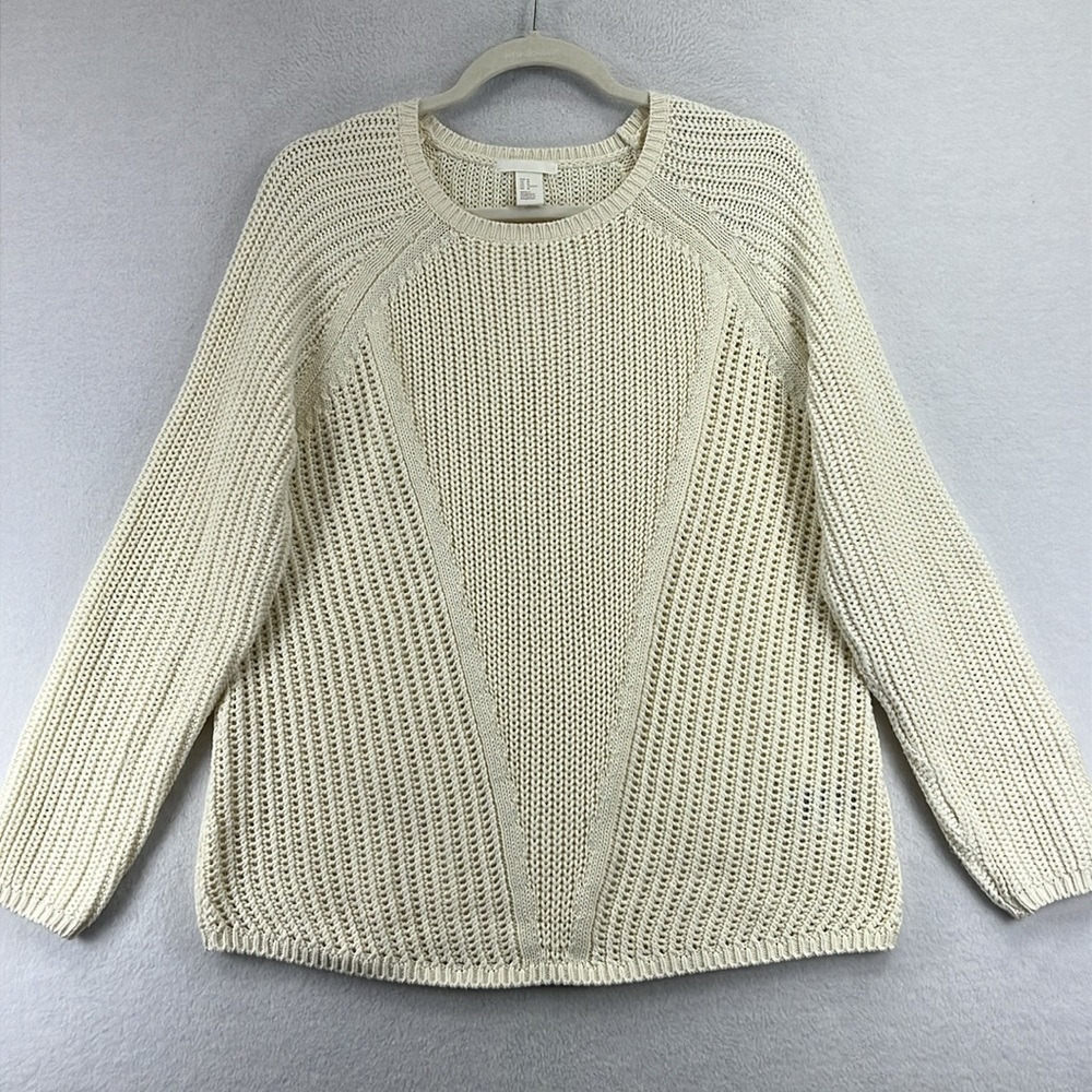 H & M Women’s Sweater Size M Cream Cotton Blend Partial Open Knit Like New